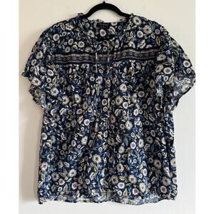 Lane Bryant Top Size 22 Floral Boho Peasant Blouse Navy Blue Cotton Short Sleeve